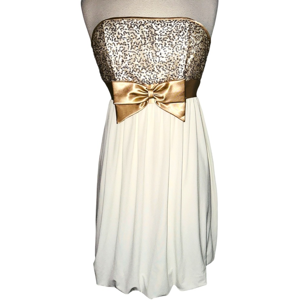ND1 Vtg Jessica McClintock Gunne Sax Sequin Strapless Dress Gold Bow‎ Party